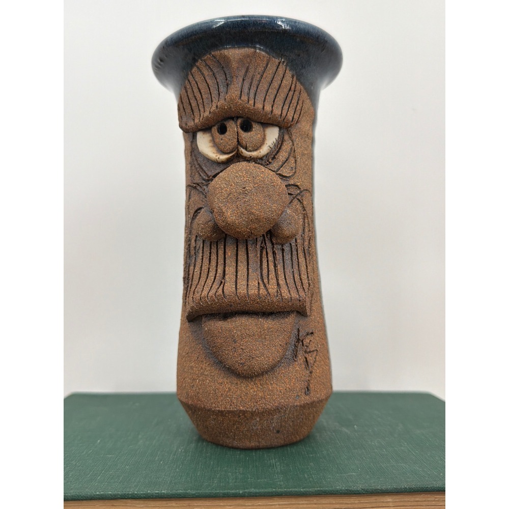 Vintage Studio Pottery Ugly Face Mug Tall Blue Glazed Stoneware Signed KS Artist